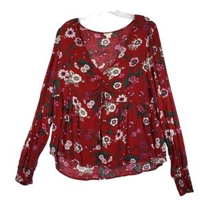 Aeropostale Floral Peasant Blouse Long‎ Sleeve Red Boho Top Women's Size M Shirt